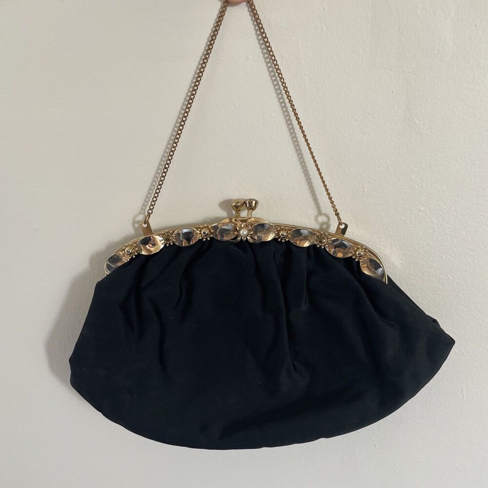Vtg Black Satin Silky kiss lock small wristlet gold chain Flower Design‎ Pearl